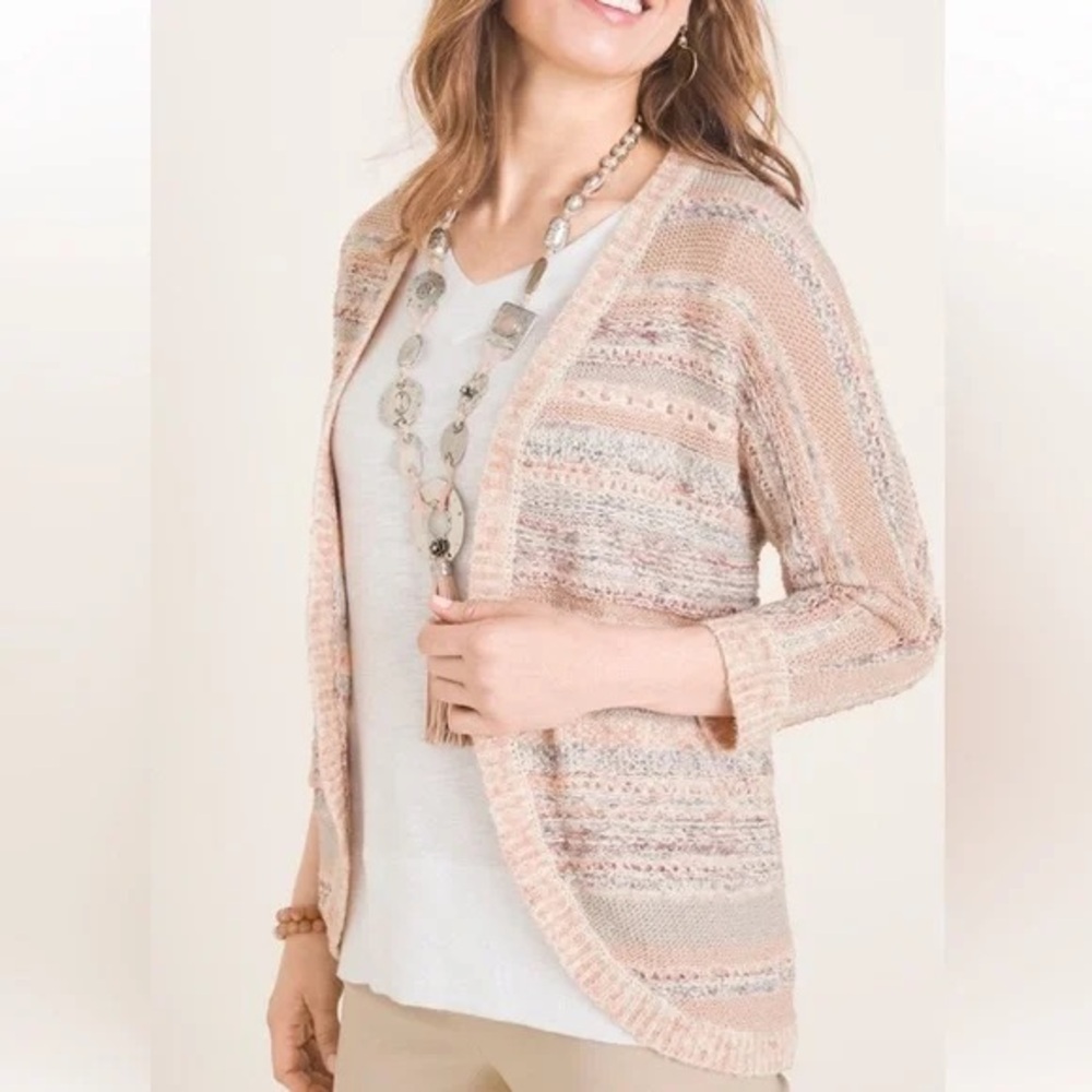 Chico’s Cardigan size 1‎ S Small Open Front Cocoon Mixed Yarn Striped Sparkle